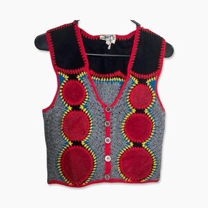 VINTAGE HARP-EES Vest Size M Multicolor Knit Look With Leather GUC